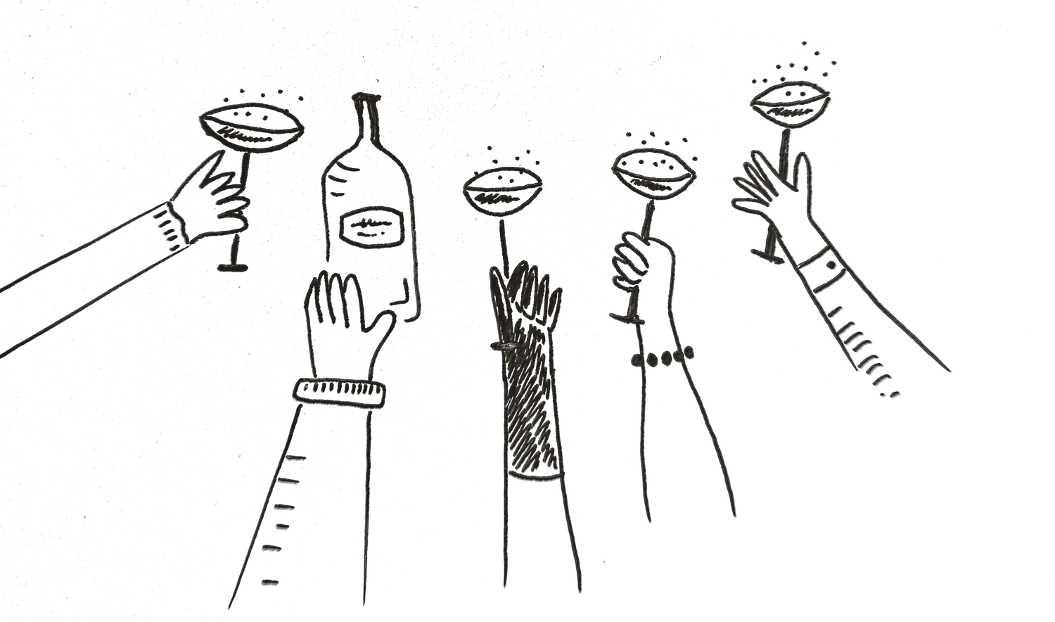 Tekening van vijf handen die klinken met een glas