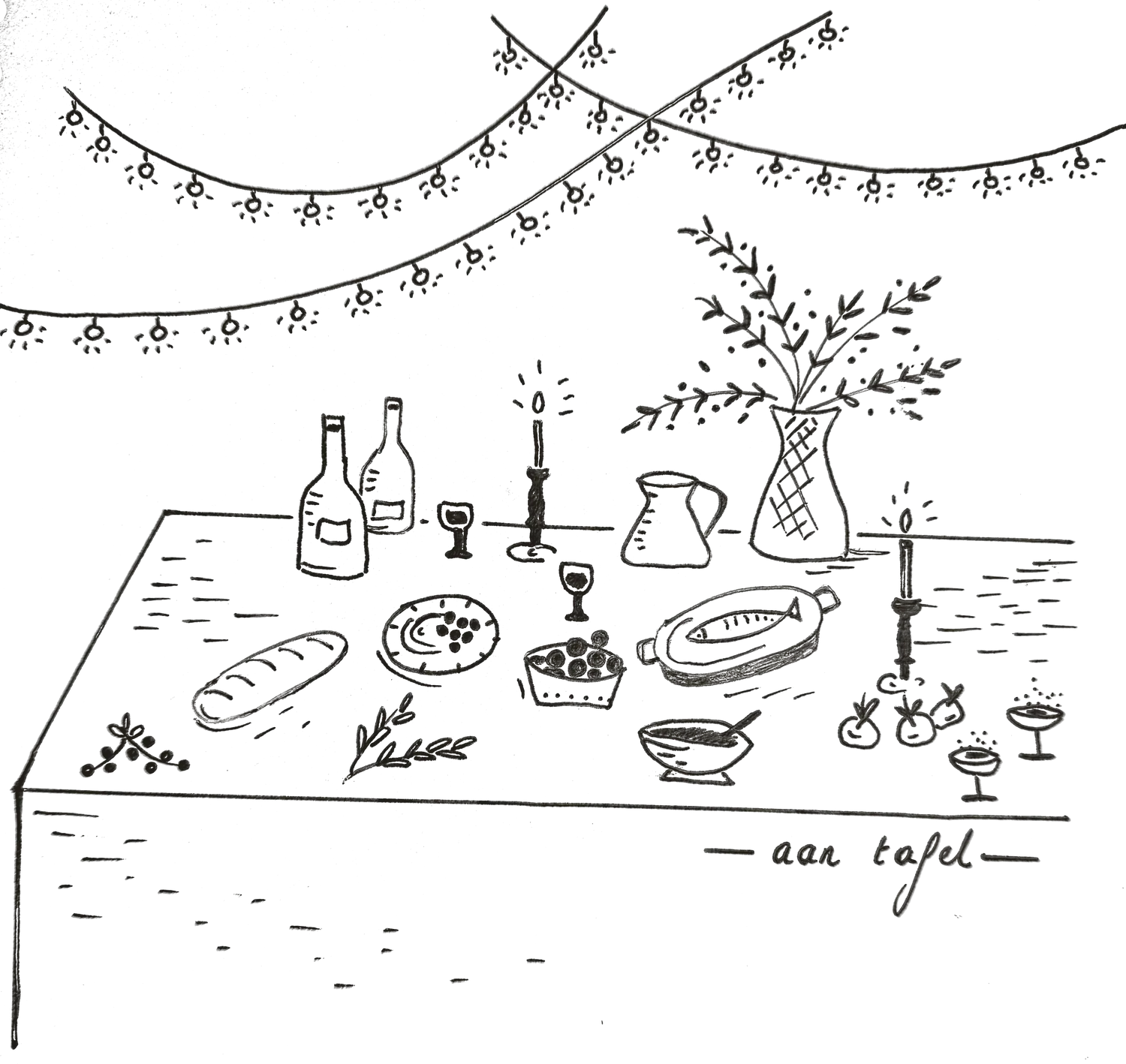 Krijttekening van een lange feesttafel onder slingers, met flessen, kaarsen, brood en een vis in een schaal
