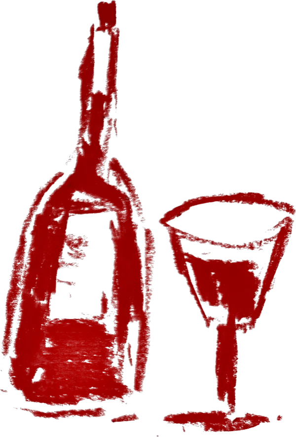 Tekening van een fles wijn met een glas ernaast