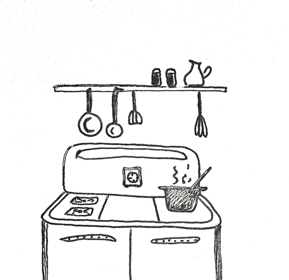 Tekening van een fornuis met een pot erop