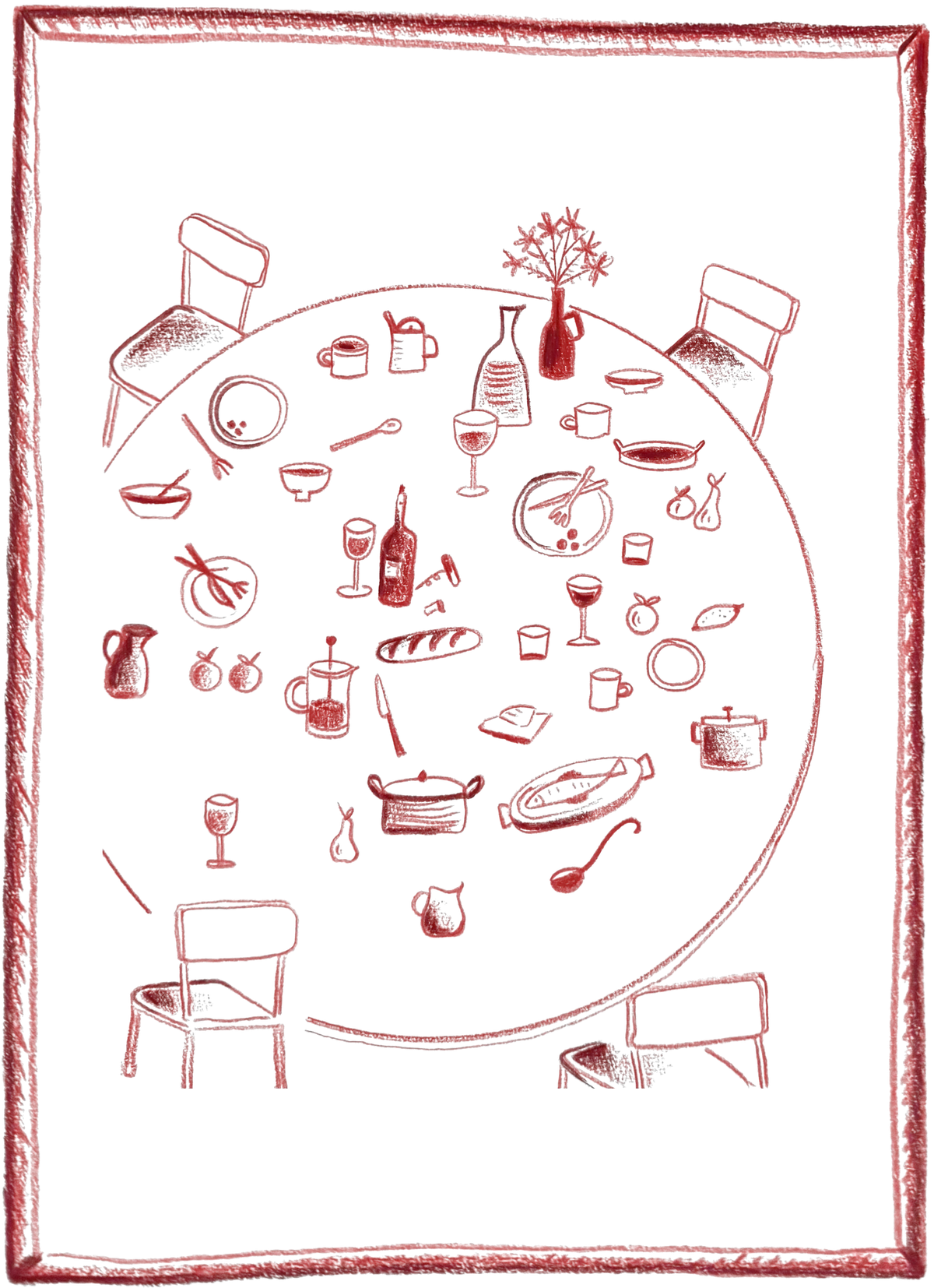 Tekening van een ronde tafel vol schalen, glazen en kannen