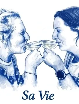 Tekening van Vicky en Sabine die klinken